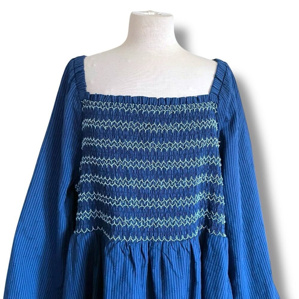 Draper James RSVP Womens Dress Sz 2X Blue Puff Sleeve Smocked Coastal Preppy - Picture 4 of 10